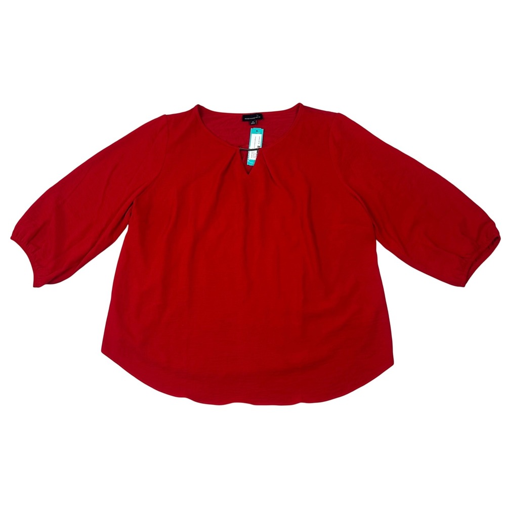 FORTUNE IVY Red Estrella‎ Key Hole Mixed Material Blouse 1X